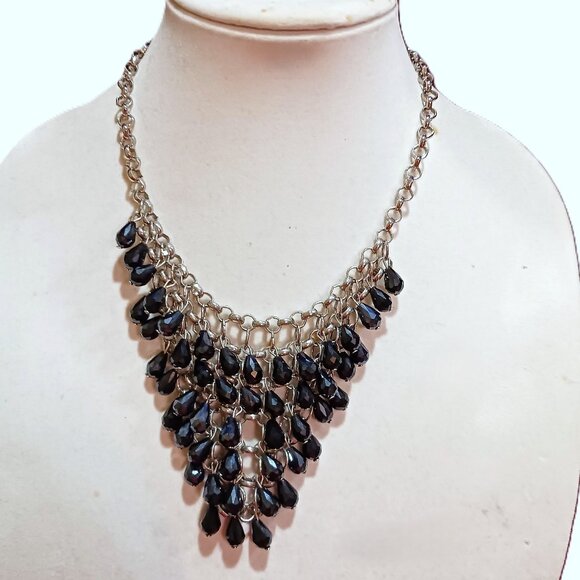 Hand Crafted Jewelry - Handmade Silver Tone Black Onyx Waterfall Chainmail Bib Statement Necklace